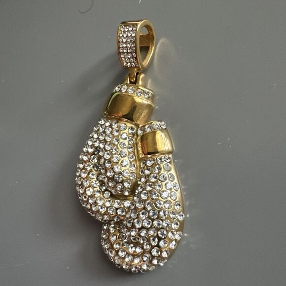 Boxing Gloves Pendant Gold Plated Stainless Steel 24 Inch Chain Zirconia Boxer - Picture 2 of 6